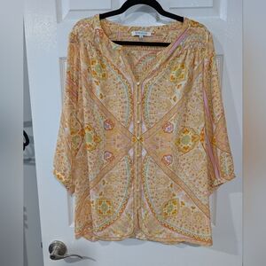 Rose + Olive Yellow Floral Paisley Print 3/4 Sleeve Blouse in Size 1X